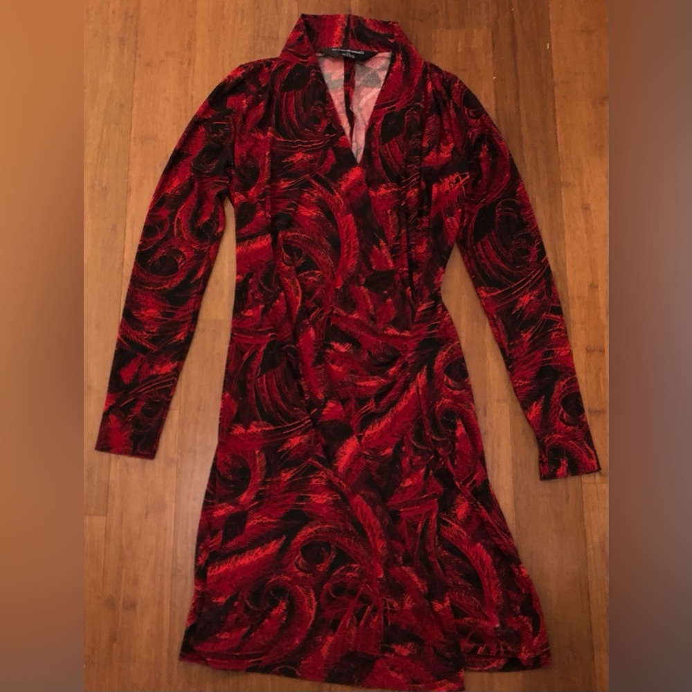 Norma Kamali Dress Women Red M / LFaux Wrap Jersey Career Party Artsy Long Sl